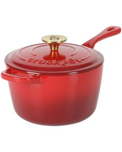 Crock-Pot Artisan 3 Quart Enameled Cast Iron Saucepan with Lid in Red and Gold