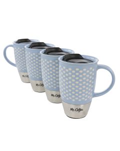 Mr. Coffee Coupleton Dot 4 Piece 15 Ounce Stoneware and Stainless Steel Travel Mug Set with Lid in Blue