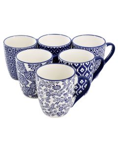 Elama Declan 6 Piece 12 Ounce Assorted Design Stoneware Mug Set in Blue and White