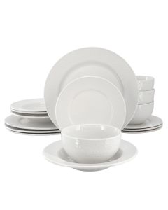 Elama Soyer 16 Piece Textured Design Double Bowl Porcelain Dinnerware Set in White