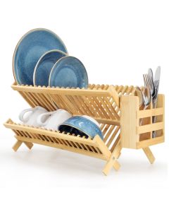 MegaChef 2-Tier Collapsible Kitchen Bamboo Drying Dish Rack with Utensil Holder