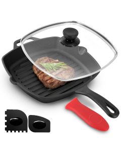 MegaChef 10.4 Inch Pre-Seasoned Cast Iron Griddle with Tempered Glass Lid