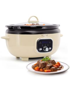 MegaChef 3.7 Quart Oval Electric Digital Slow Cooker in Cream with Black Pot