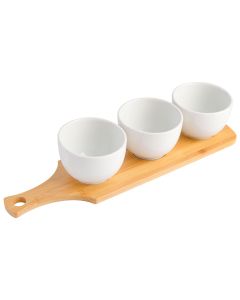 Gibson Gracious Dining 3 Piece White Fine Ceramic Tidbit Bowl Set with Bamboo Serving Tray
