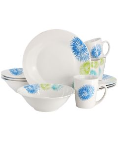 Gibson Home Blue Meadow 12 Piece Fine Ceramic Dinnerware Set in White with Colored Accents
