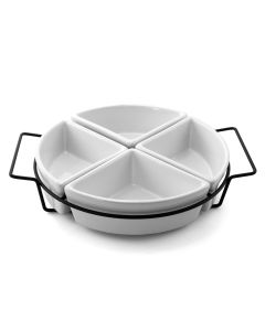 Gibson Gracious Fine Ceramic Dining Four Section Tray Set with Metal Rack in White