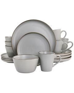 Elama Louis 16 Piece Stoneware Dinnerware Set in Matte Slate with Gold Rim